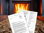 two questionnaires cut away and wood chips in front of a burning stove in the background