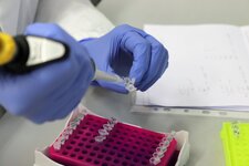 Hands with violet gloves can be seen using a micropipette to transfer a liquid into a reaction tube. On the table are experimental instructions and racks with further reaction tubes.