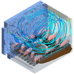 Temperature field, cloud of ammonia and path lines of massless particles in a compartment of fattening pigs