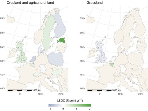 Map of the reported relative change in SOC in the topsoil