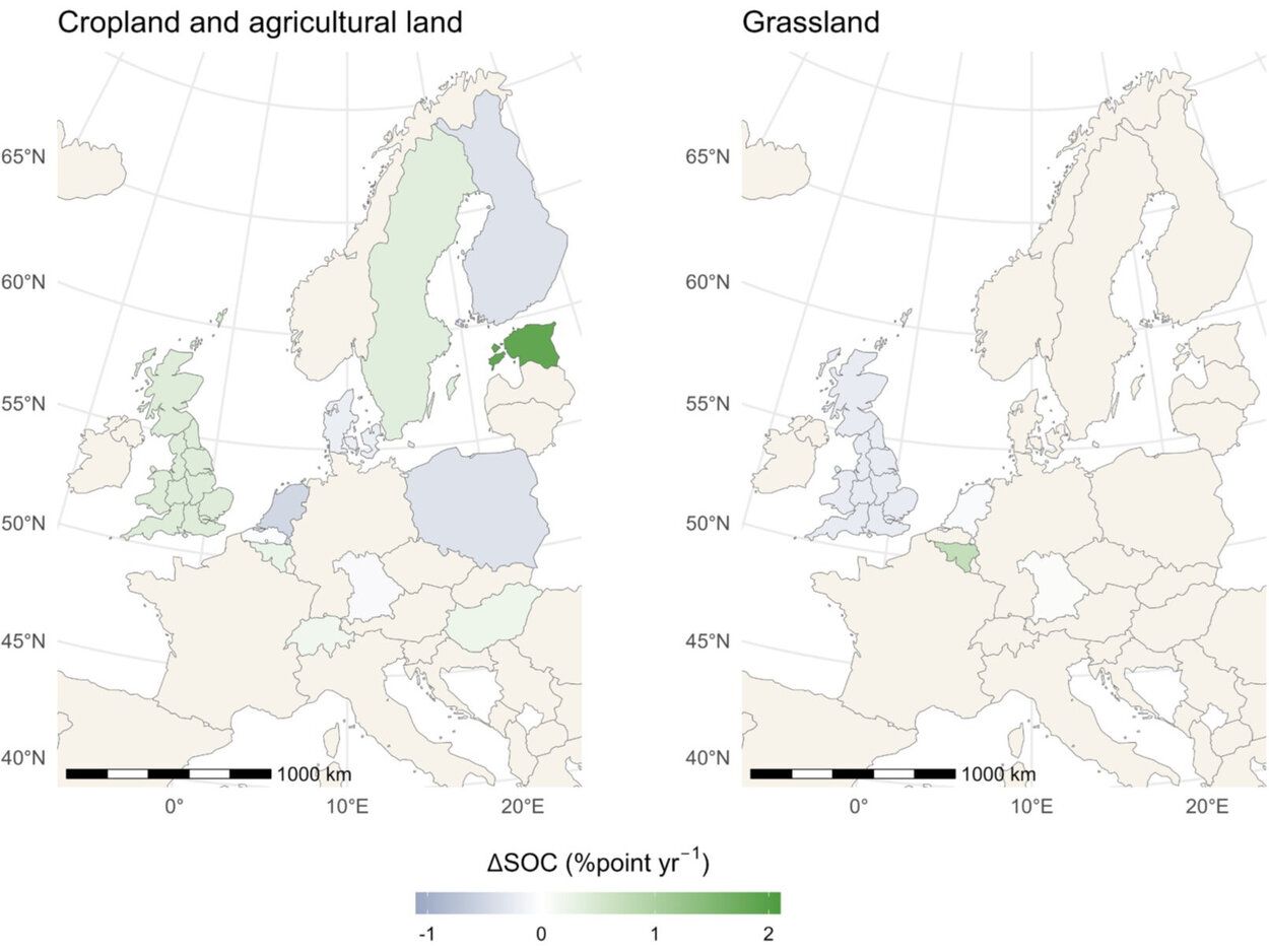 Map of the reported relative change in SOC in the topsoil
