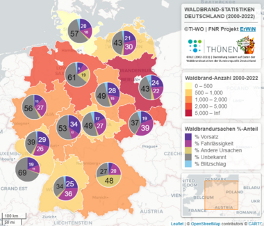 Deutschlandkarte mit Angabe der Anzahl der Waldbrände und der Waldbrandursachen in den einzelnen Bundesländern 2000 bis 2022. 