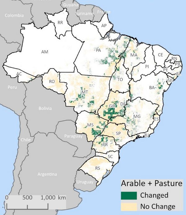 Karte von Brasilien mit projizierter Flächenänderung