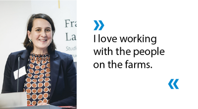 Portrait of Zazie von Davier and the quoted text: "I love working with the people on the farms."