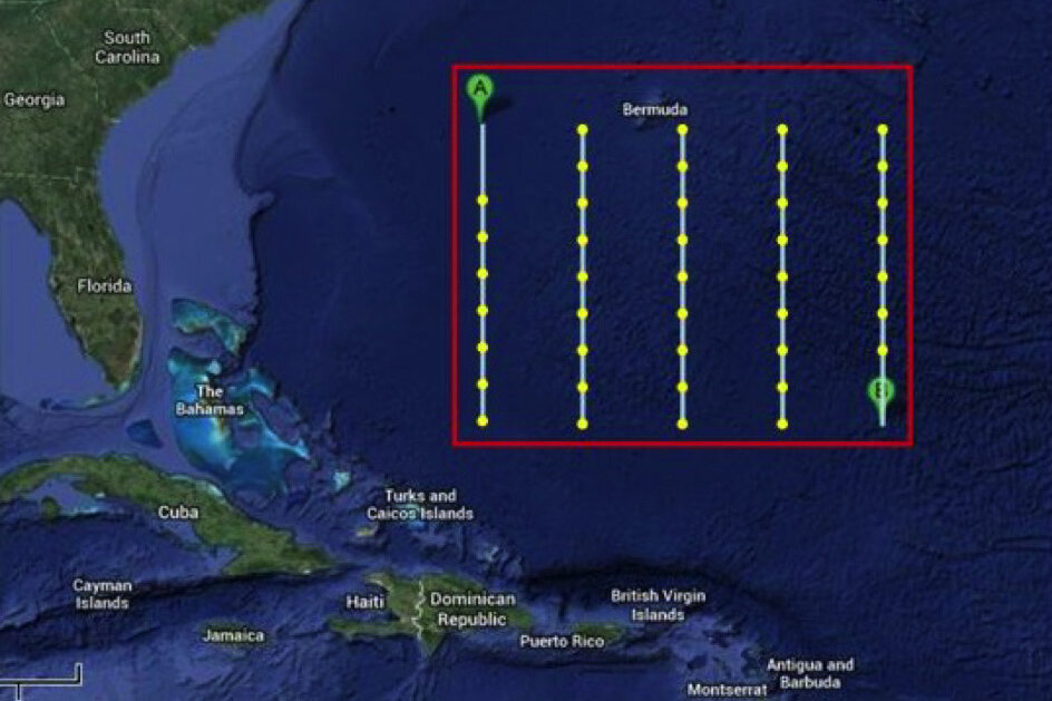 Karte mit einer Übersicht über die Beprobungsstationen in der Sargassosee.