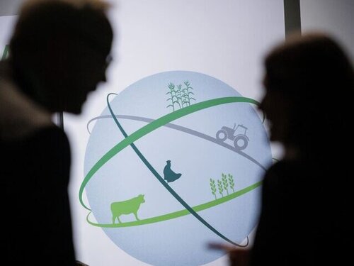 In the foreground, two blurred figures stand in the shadows, behind them is a logo with a sphere surrounded by lines depicting various animals.