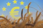 Fotomontage: Im Vordergrund ein Getreidefeld, im Hintergrund das Währungssymbol vom Euro umrandet mit den EU-Sternen