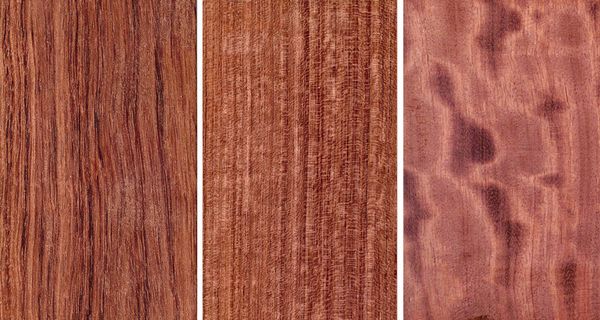 Ein dreigeteiltes Bild mit drei unterschiedlichen Oberflächen der gleichen Holzfamilie