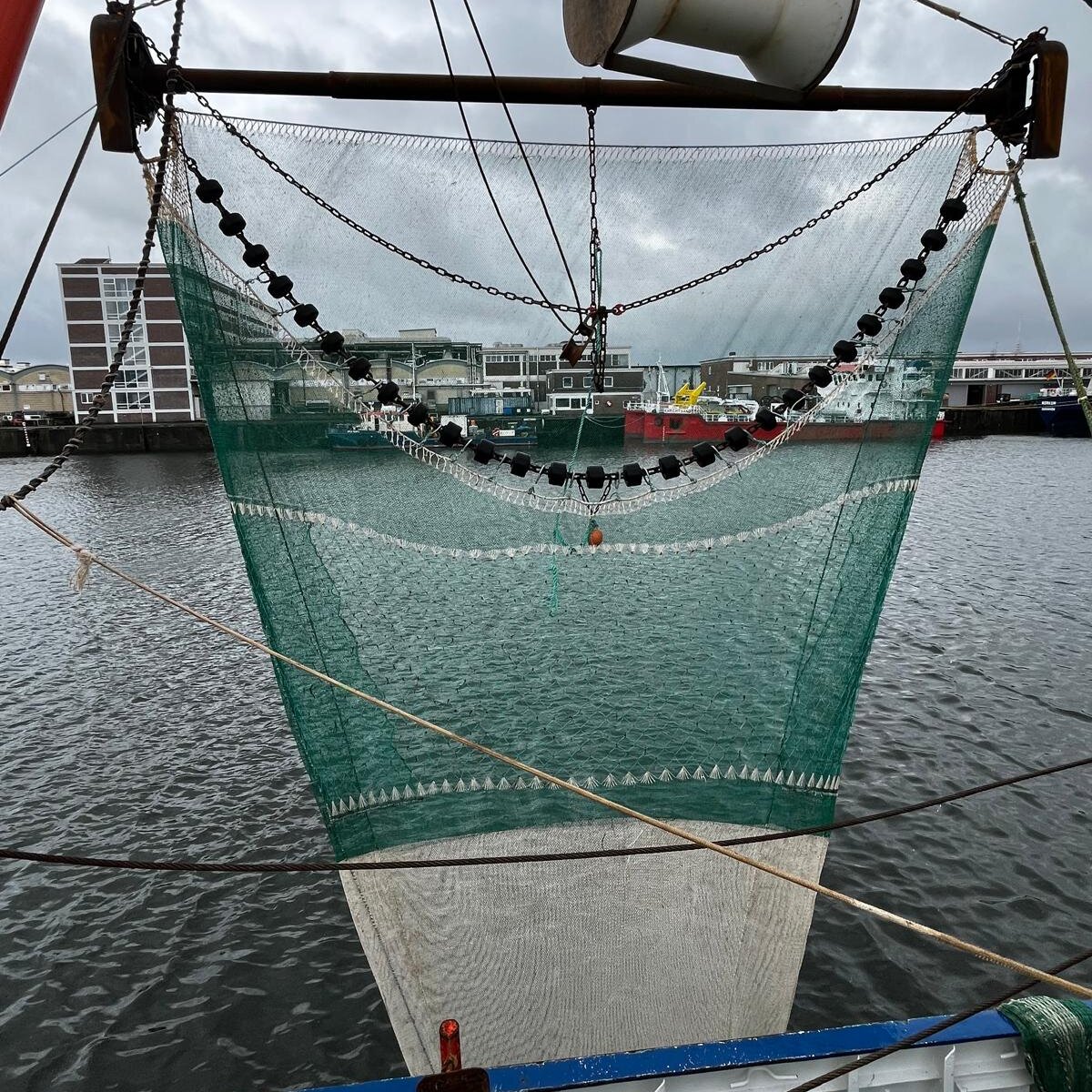 Ein an einem starren Eisenrohr mit Kufen hängt ein Netz in grün und weiß neben der Bordwand.