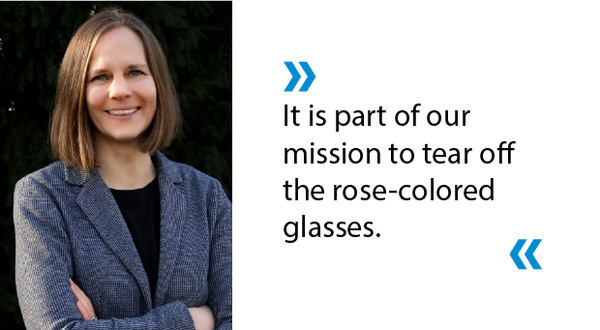 Portrait of Tuuli-Marja Kleiner and the quoted text: "It is part of our mission to tear off the rose-colored glasses."
