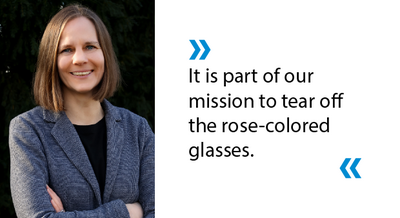 Portrait of Tuuli-Marja Kleiner and the quoted text: "It is part of our mission to tear off the rose-colored glasses."