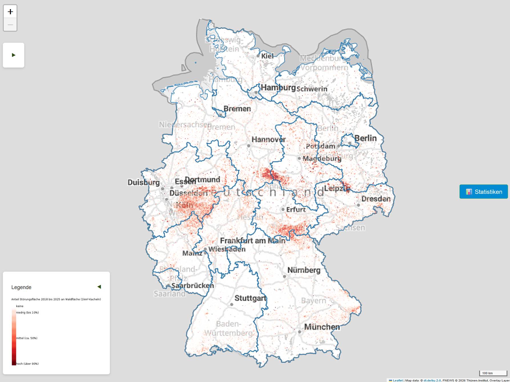 Karte mit Schwerpunktgebieten von Waldstörungen 2018-2025 