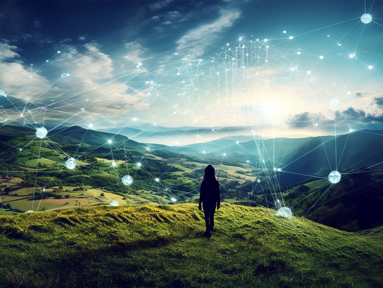 Man at two roads deciding for best chance of environment protection, attractive nature and hills both side, land and technology to manage and make data driven decisions