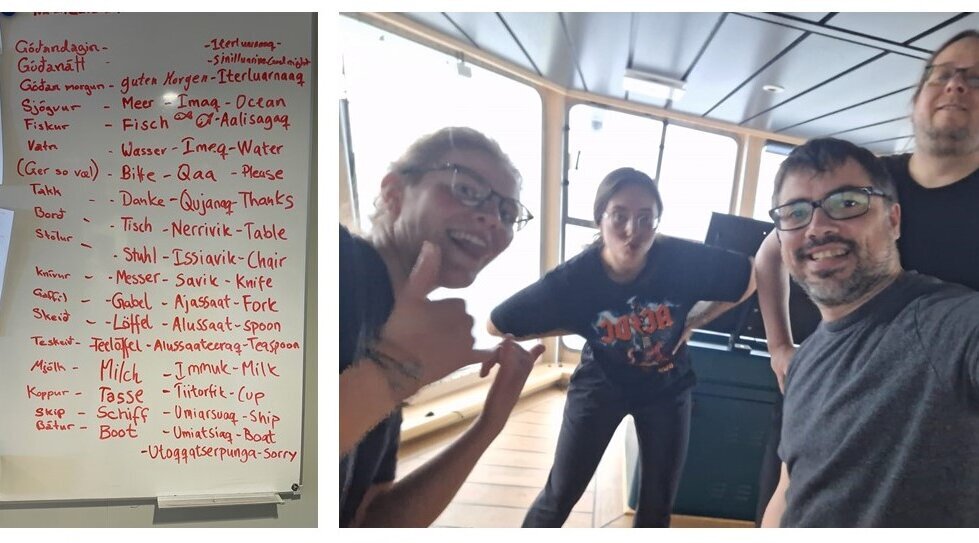 Links: Grönländisch, färöisch, deutsch für Anfänger; rechts: das Thünen Sportteam auf der Brücke der Tarajoq. zweigeteiltes Bild. Links eine Tafel mit Vakabeln auf Grönländisch, färöisch und deutsch. Rechts mehrere Personen beim Sport.