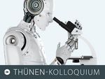 Fotomontage: Ein Roboter mit menschlichen Zügen blickt durch ein Mikroskop.