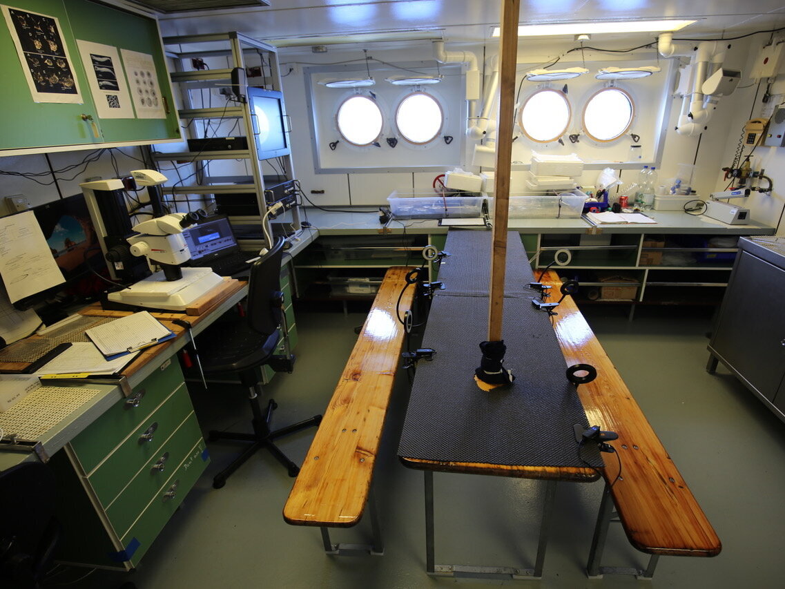 Das Unilabor als Sortierstation mit Tisch und Bänken. 