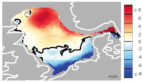 Nordsee-Karte mit vebesserter thermischer Eignung für Kabeljau im Norden und verschlechterter im Süden.