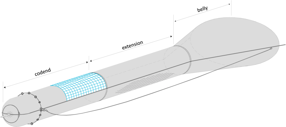 Zeichnung eines Schleppnetzes mit BACOMA-Fluchtfenster (blau)