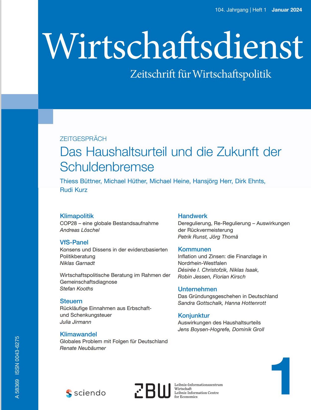 Deckblatt Wirtschaftsdienst Ausgabe 1, 2024. Zeitschrift für Wirtschaftspolitik.