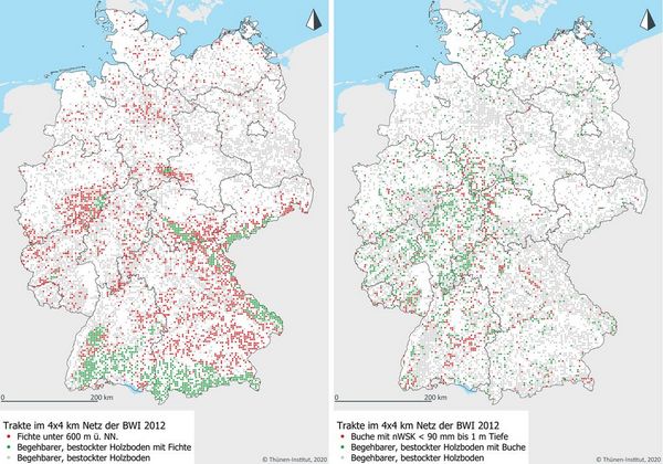 Zwei Deutschlandkarten mit roten und grünen Markierungen