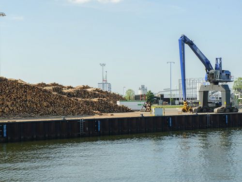 Holzpolter im Hafen mit Kran