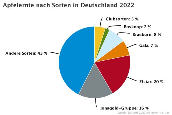 Tortendiagramm mit den Prozentanteilen der Apfelernte nach Sorten im Jahr 2022.