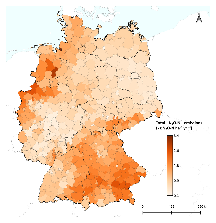 N2O-N-Emissionen bezogen auf die landwirtschaftliche Fläche (kg N2O-N ha−1).