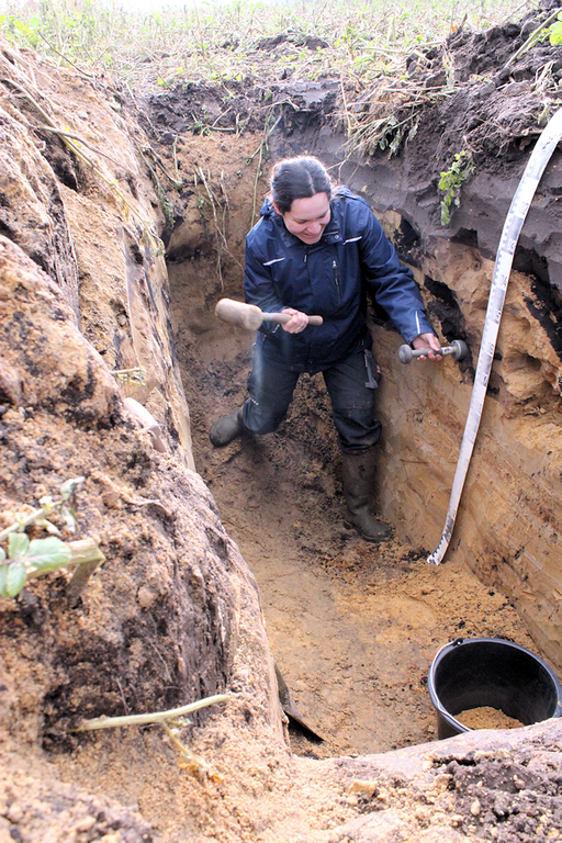 Sampling of a deep ploughed Cambisol in Northern Germany. Beween 37 and 75 cm depth the buried A-horison is visible in form of diagonal bars.