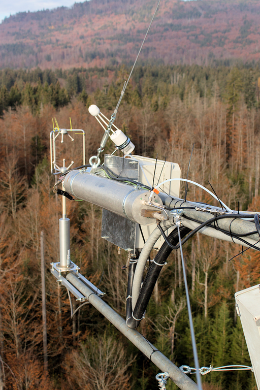 Tower boom with anemometer, TRANC, CO2 analyzer, and ammonia inlet box