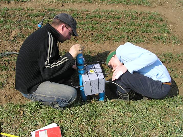 A system for measuring soil temperatures and water content is installed.