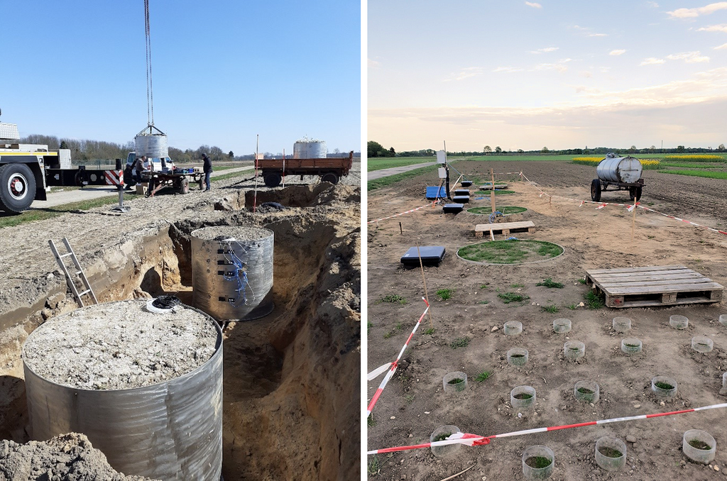 The meso-plot experiment, with 2 m2 undisturbed soil columns from the DASIM fields sites in Rotthalmünster and Fuhrberg (left panel: during installation; right panel: after installation). 