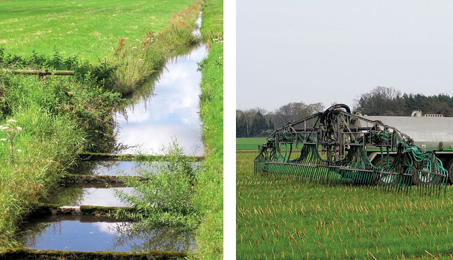 Drainagegraben (links) und Gülleausbringung (rechts)