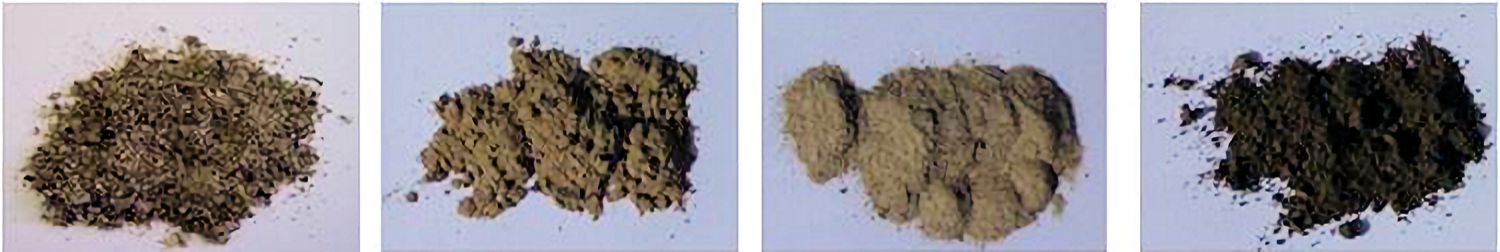 Korngrößen-Fraktionen eines Bodens (v.l.n.r. Sand, Grobschluff, Feinschluff, Ton)