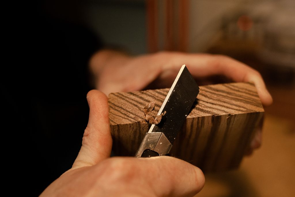 Mit einem Messer wird ein Stück Holz frisch angeschnitten, um die Fasern und Gefäße genauer zu untersuchen.