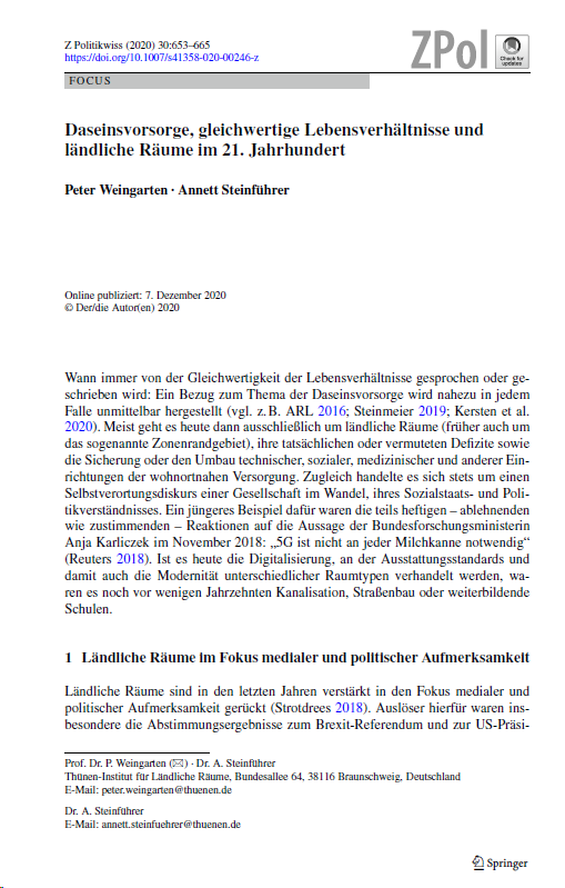 Grafik: Erste Seite der aktuellen Veröffentlichung von Peter Weingarten und Annett Steinführer in der Zeitschrift für Politikwissenschaft (Springer-Verlag (Open Access))