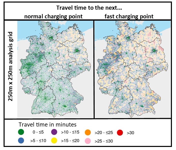 The figure depicts two maps that show the accessibility of the nearest normal respectively fast charging point in terms of travel time at the level of the 250m x 250m analysis grid.