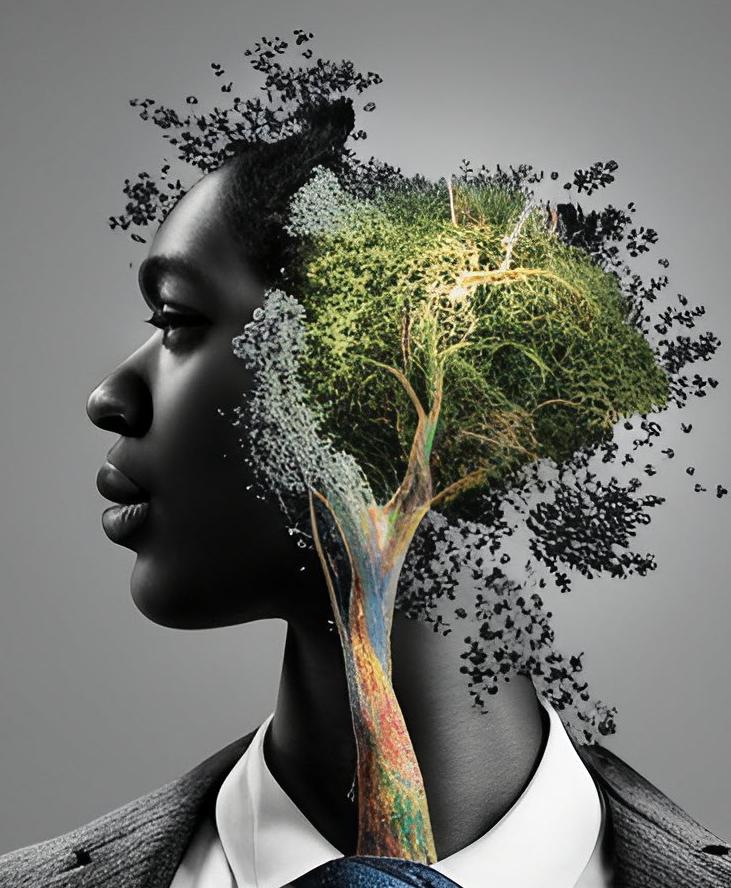 Mithilfe Künstlicher Intelligenz erzeugte Verschmelzung eines menschlichen Kopfes mit einem farbigen Baum