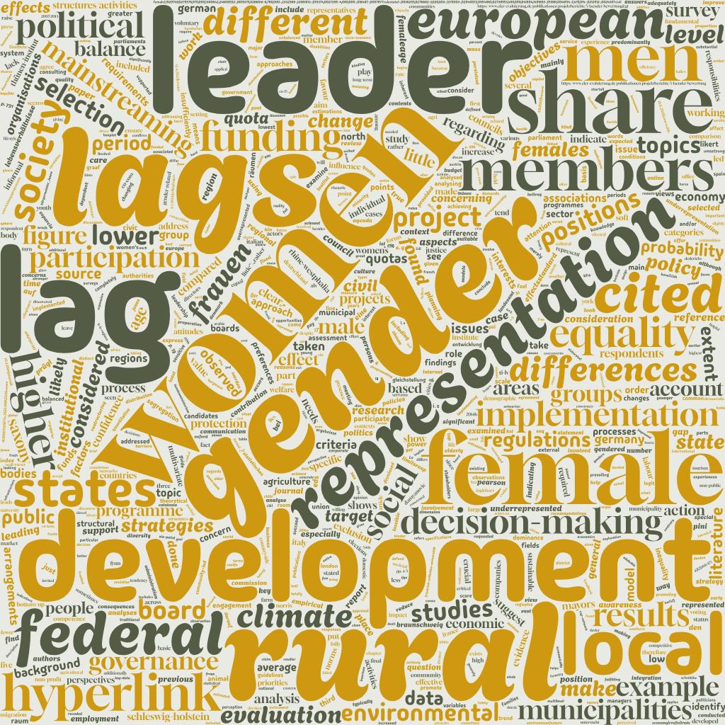 Wortwolke mit englischen Wörtern wie gender, representation, leader, development, women, rural, local 