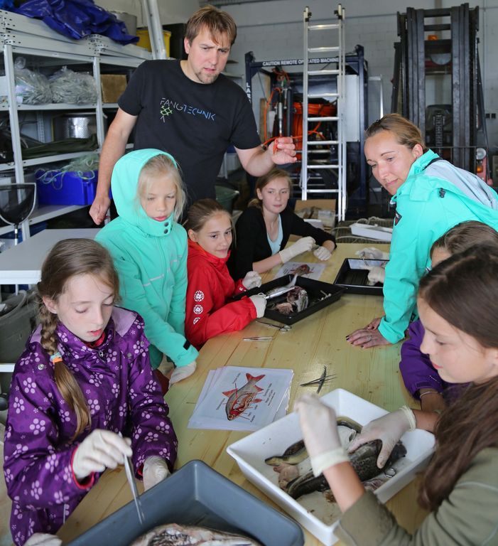 Schülerinnen der Bad Doberaner Münsterschule untersuchen Fische der Ostsee.