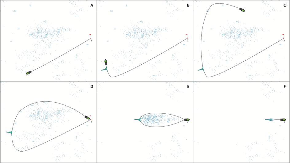 Schema des Fischereiprozesses in 6 Bildern
