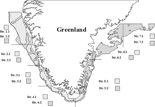 Study area off Greenland Overview map of the study area to be sampled from the east and west coast off Greenland