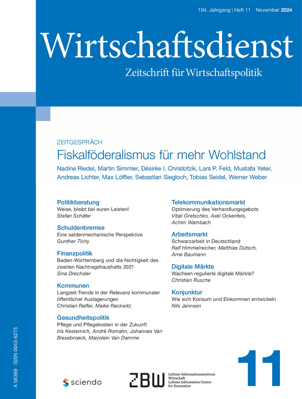 Wirtschaftsdienst Ausgabe 11 Titelseite der 11 Ausgabe des Wirtschaftsdienstes
