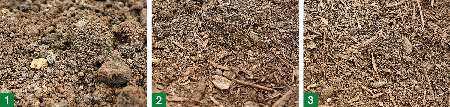 In dem Projekt PiA steht die Plastikbelastung organischer Dünger im Fokus: Klärschlamm (1), Grünschnittkompost (2) und Bioabfallkompost (3). Drei Fotos: Klärschlamm, Grünschnittkompost und Bioabfallkompost.