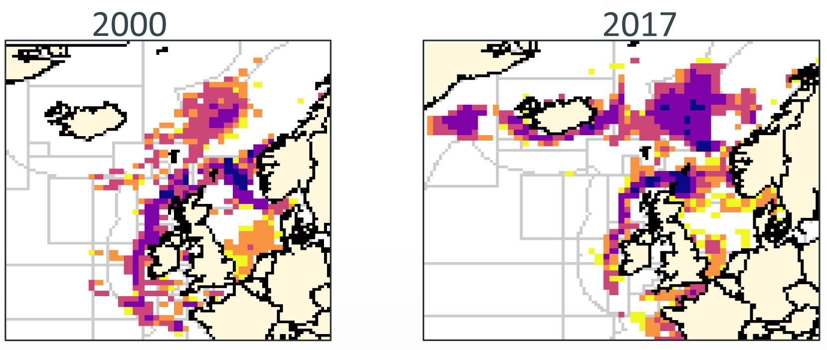 Geografische Verteilung der kommerziellen Makrelenfänge im Jahr 2000 und 2017 im Bereich Nordsee, Keltische See und Nordatlantik: Die Fänge verlagern sich nch Norden.