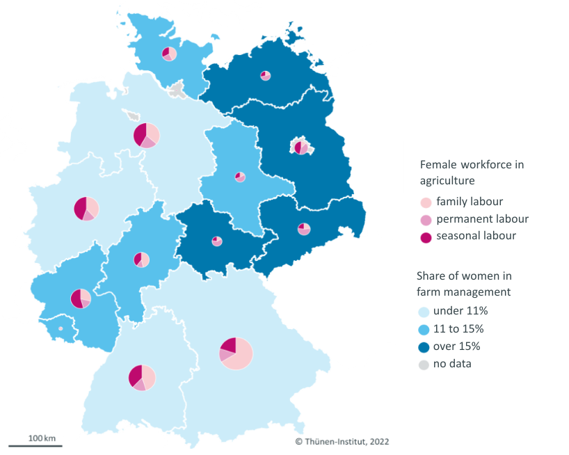 Female labour force in agriculture Map of Germany with different coloured federal states, most of the female managers are in the east.