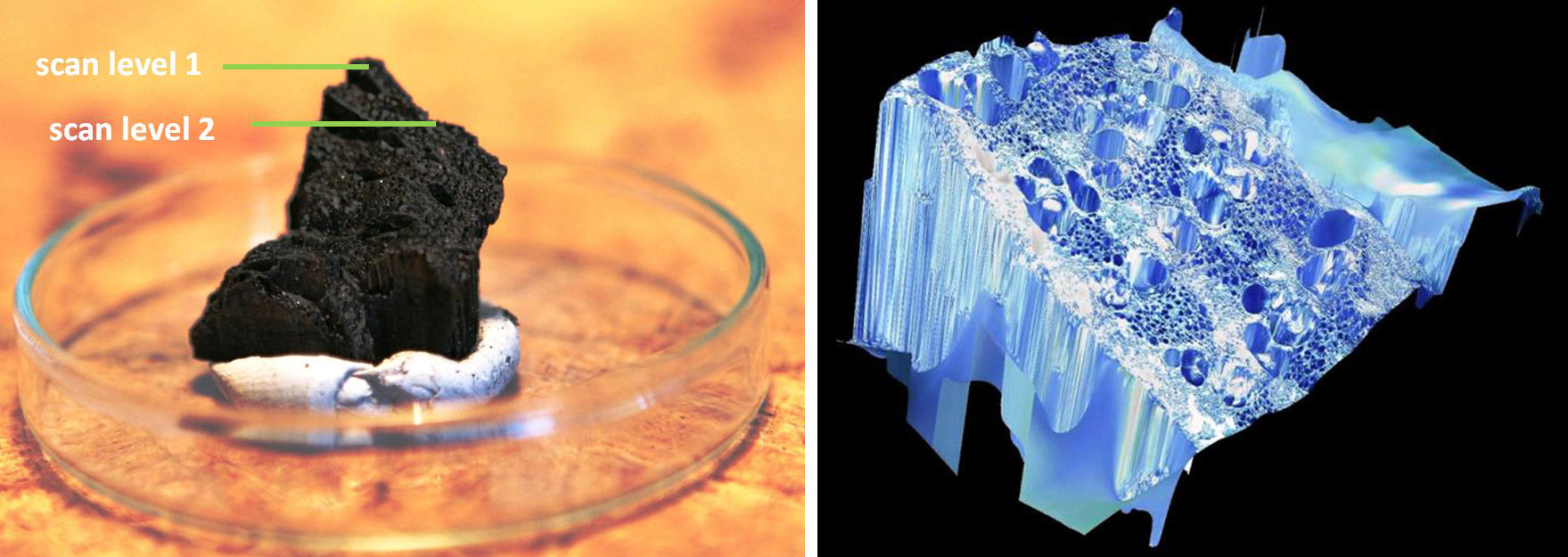Das zweigeteilte Bild zeigt links ein kleines Stück Holzkohle, das für die mikroskopische Untersuchung vorbereitet worden ist, und recht das Bild dieser Holzkohle, das vom 3-D-Auflichtmikroskop erzeugt wurde.