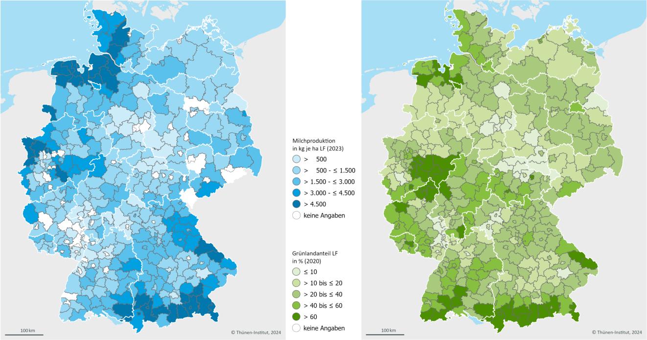 Die beiden Deutschlandkarten zeigen die regionale Verteilung der Milchkühe 2023 und Grünlandanteil 2020. 