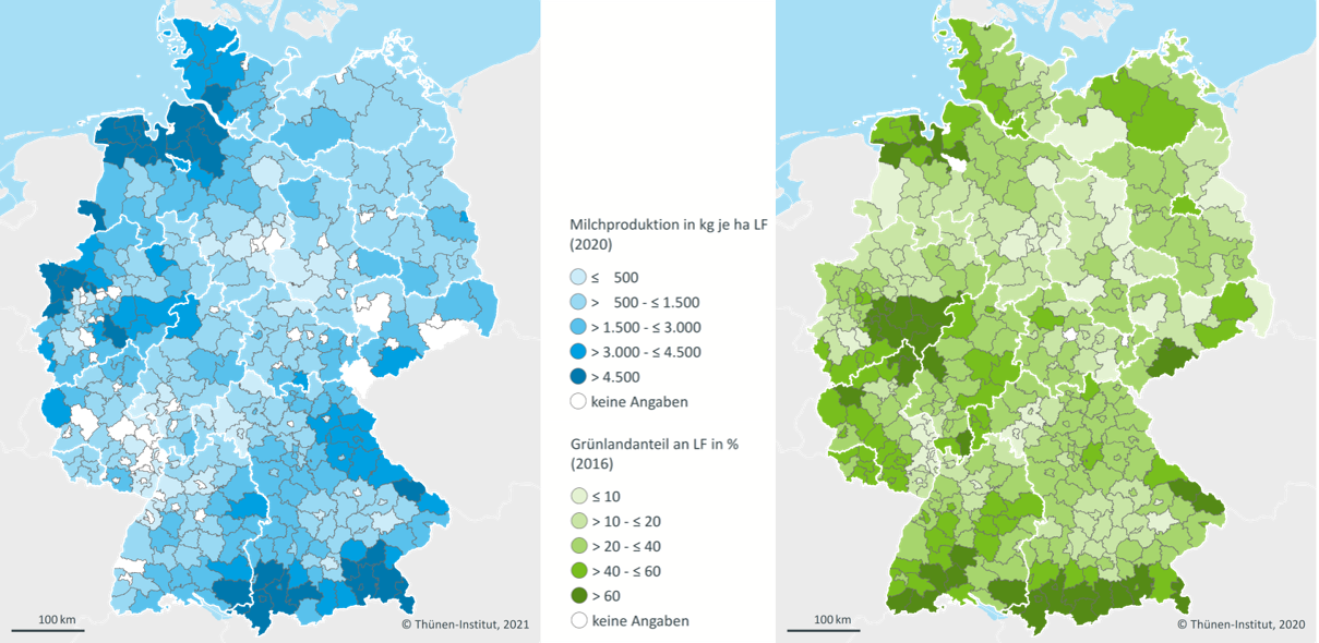 Die Deutschlandkarte zeigt die regionale Verteilung der Milchkühe 2020 und Grünlandanteil 2016. 