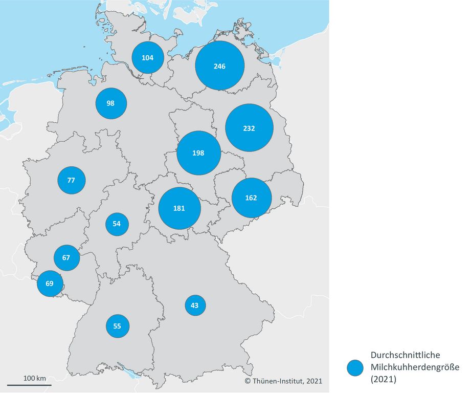 Die Deutschlandkarte zeigt die durchschnittliche Bestandsgrößen in den Bundesländern 2021 durch verschieden große Kreise