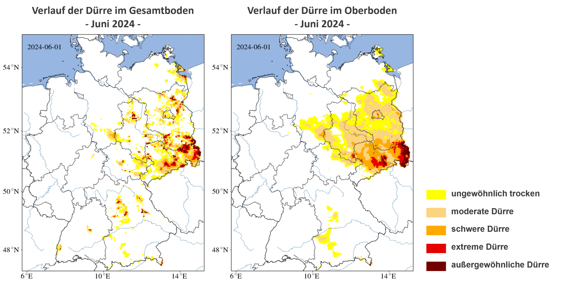 Eine Animation einer Deutschlandkarte mit der Ausbreitung von Dürrebereichen.